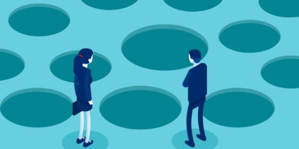 illustration of two businesspeople standing in front of a area with a lot of pitholes