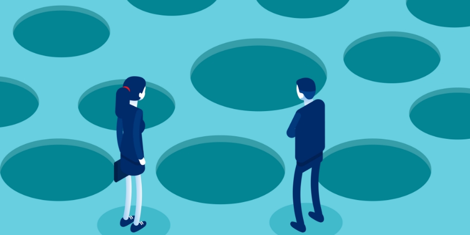 avoid bankruptcy illustration of two businesspeople standing in front of a area with a lot of pitholes