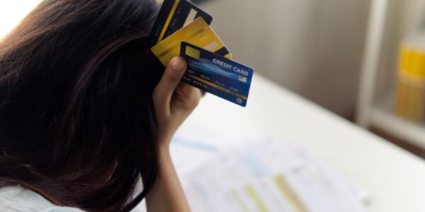 a woman holds her forehead with 3 credit cards in hand