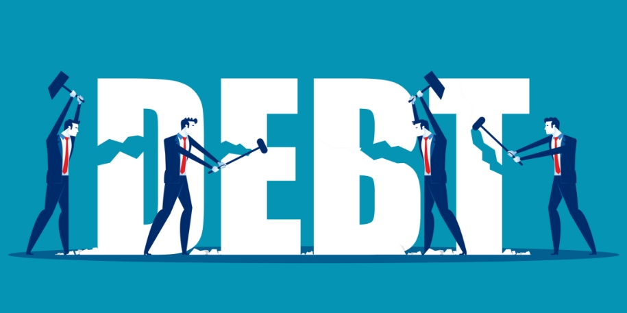 debt settlement vector cartoon of men hammering away at the word 'debt'