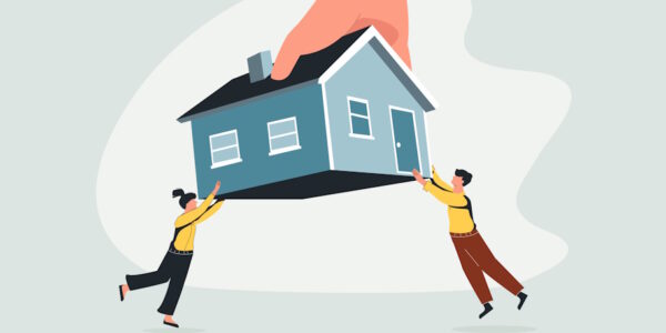 illustrated man and woman holding onto home illustrated man and woman holding onto home