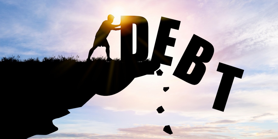 illustrated man pushing word debt off cliff illustrated man pushing word debt off cliff