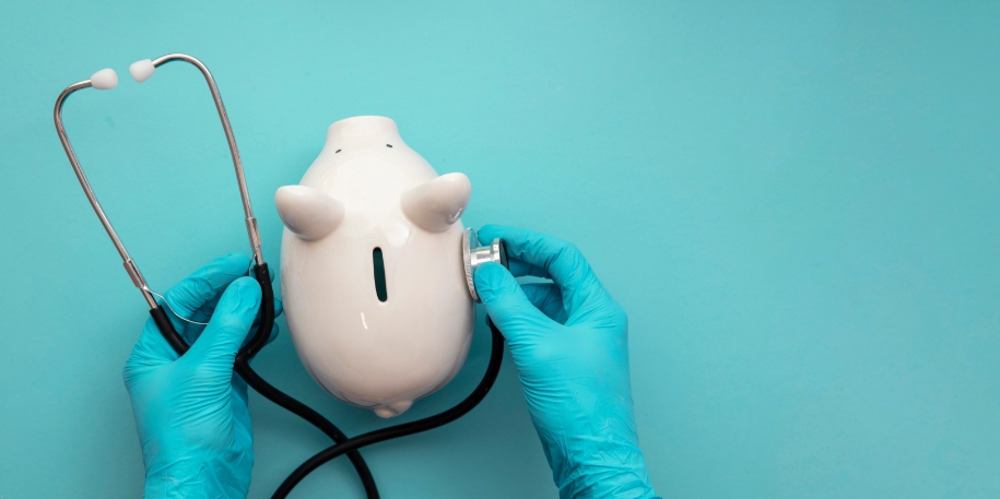 piggy bank checkup gloved hands use a stethoscope on a white piggy bank