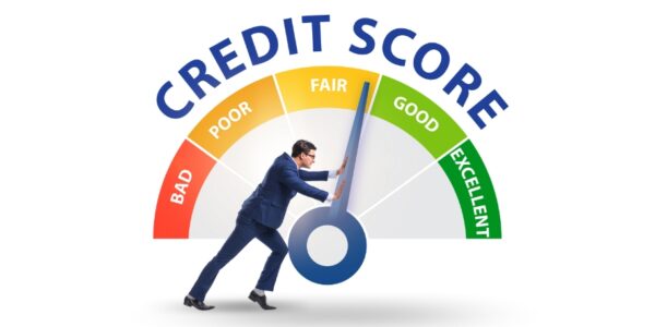 graphic of a man pushing the needle on a credit score meter from fair to good